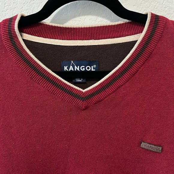 KANGOL Men's V-Neck Dark Red Cotton Sweater, Size L - Picture 2 of 9